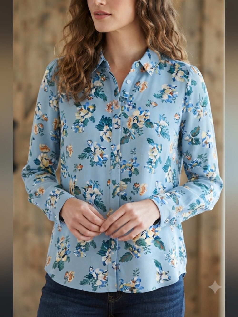 LC Lauren Conrad Light Blue Floral Button-Down Shirt